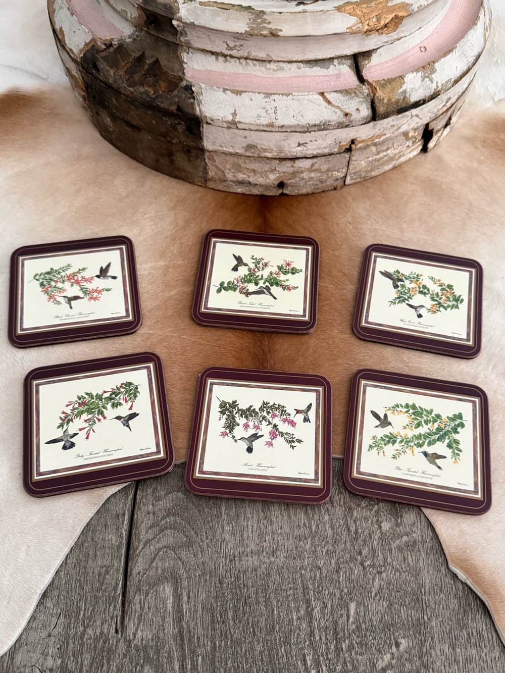 Vintage Pimpernel Set of 6 Square Humming Bird Botanical Coasters Made England